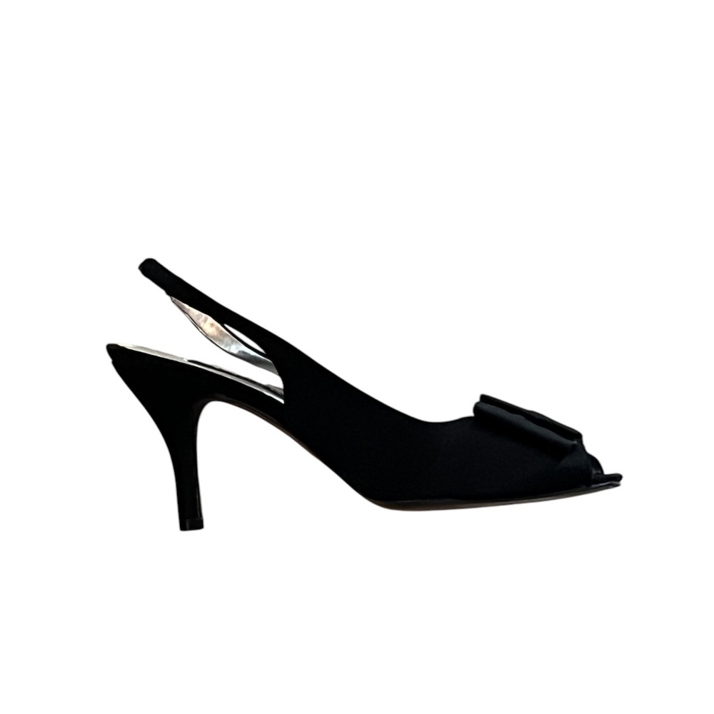 Black Satin Open-Toe Dressy Shoes - Nina; Size 7.5